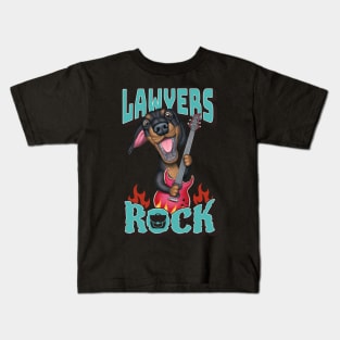 Doxie Dog rock with Dachshund guitar on Lawyers Rock tee Kids T-Shirt